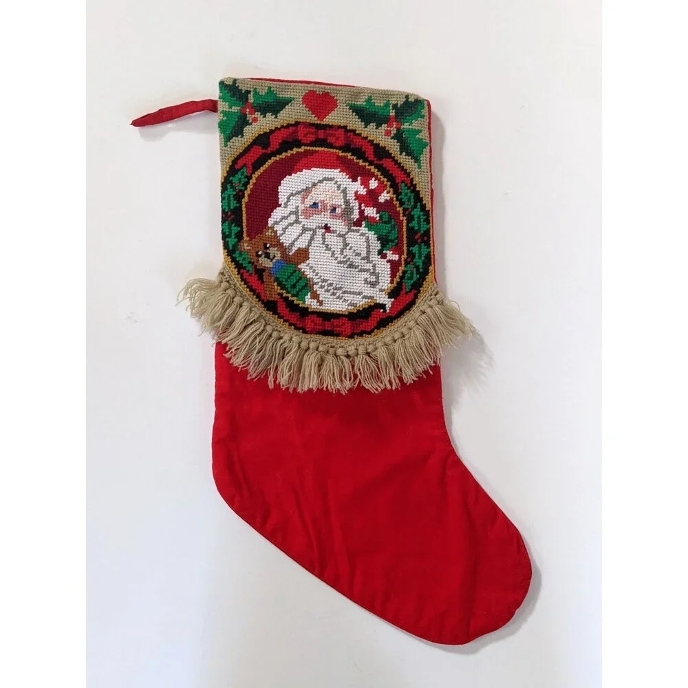 Vintage Needlepoint Santa Stocking Fringe Red Velvet Back Teddy Bear‎ Christmas